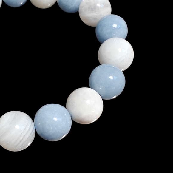 Angelite and Moonstone Healing Bracelet 10mm Natural Stones Stretches - Picture 3 of 7